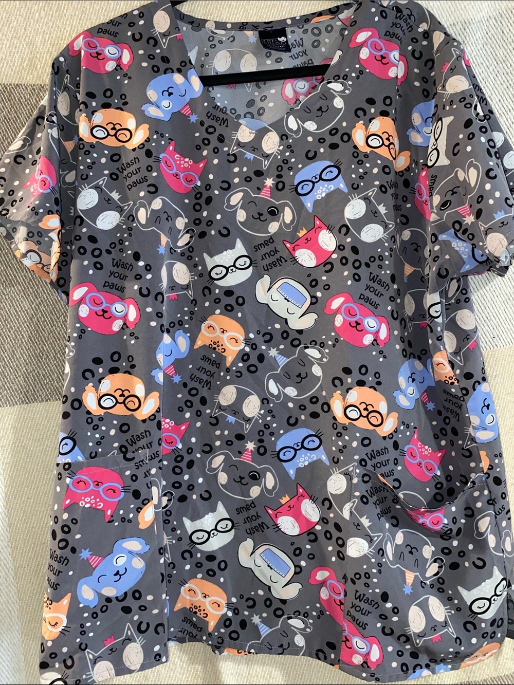Chloe Women’s Gray Graphic Animal Print Top with Pink, Blue & Orange Accents